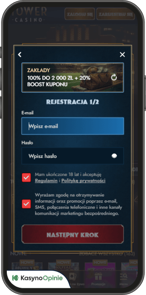 proces rejestracji w towercasino